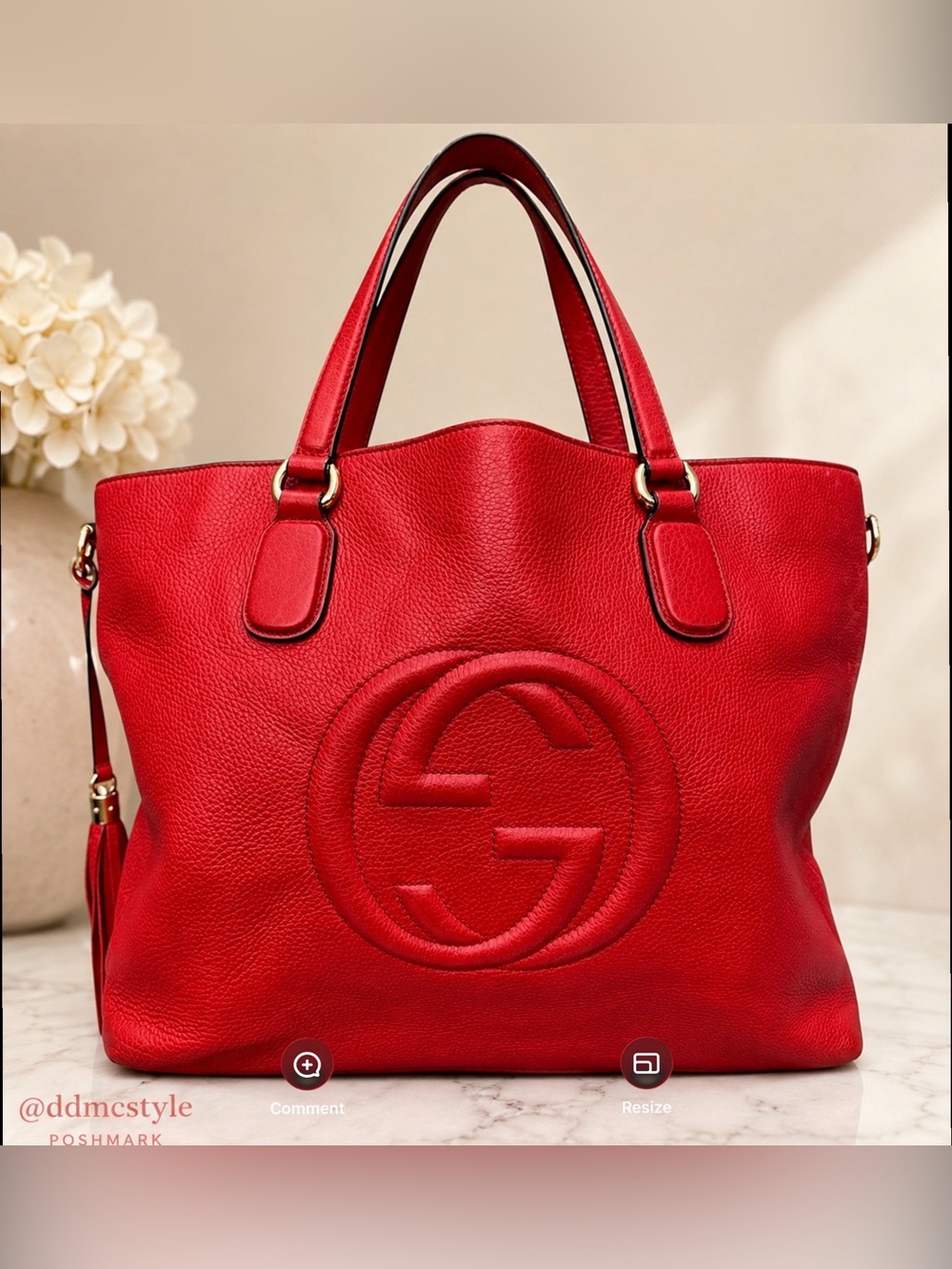 Gucci Red Pebbled Leather Logo Tote